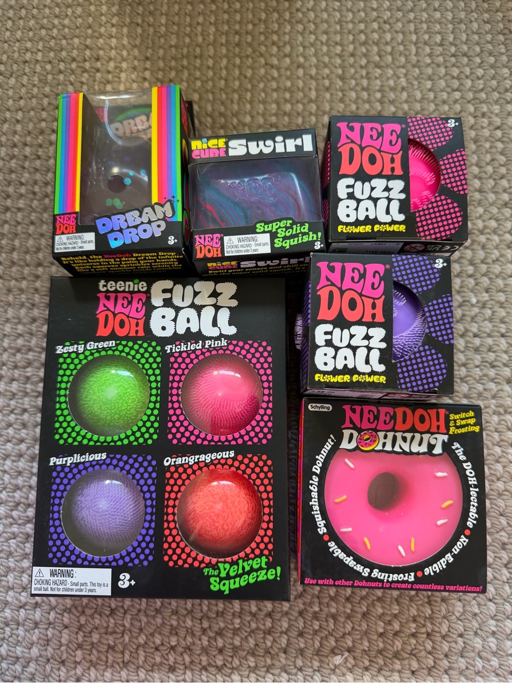 Bundle of needoh authentic Colorful Fuzz Ball & Donut Sensory Toy Set -
